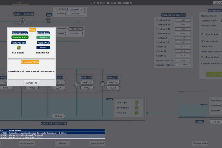Imaginea ilustrează interfața avansată a sistemului SCADA care permite controlul precis al electrovanelor în cadrul procesului de irigație. Cu ajutorul acestei interfețe, agricultorii pot ajusta debitul și presiunea apei, optimizând irigația în funcție de nevoile culturilor.